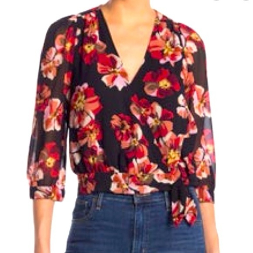 Madewell Women’s Black Red Floral Wrap V Neck Top, size small